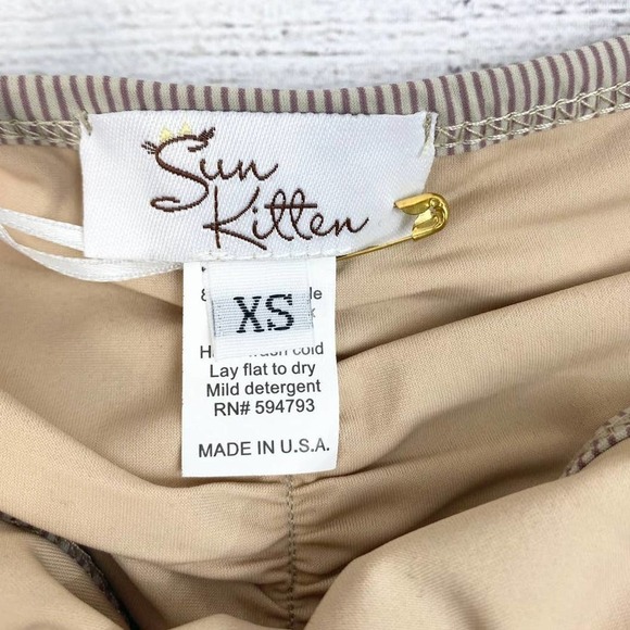 NEW Sun Kitten Ladies Tan and Grey Stripe Polkadot Swim Bikini Bottom XS - Picture 5 of 7